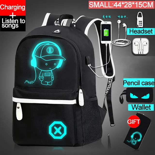 Детский рюкзак, школьные сумки для мальчиков и девочек, аниме светящийся школьный рюкзак, Детский водонепроницаемый рюкзак, usb зарядка, школьный рюкзак, подарок - Цвет: Music boy-S-Wallet