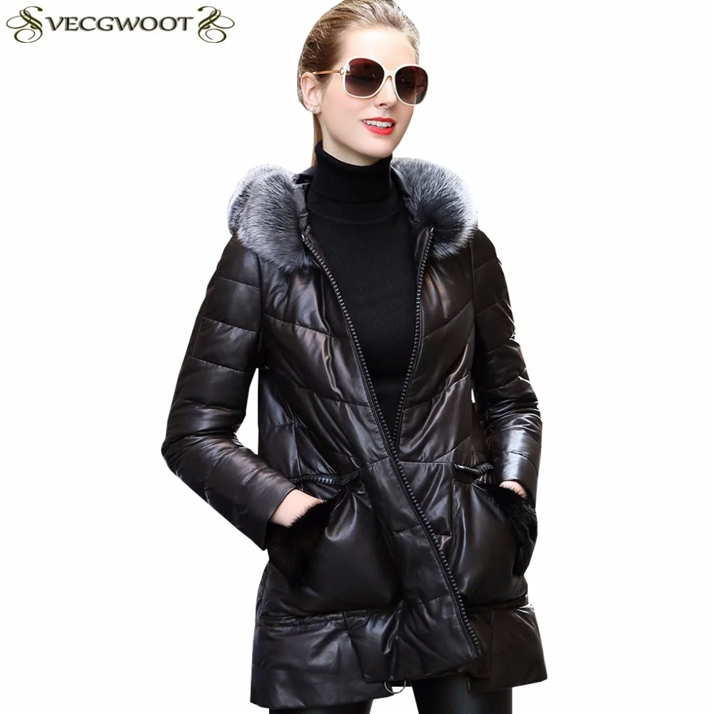New Genuine Leather Down jacket Women Winter Fashion Warm Hooded