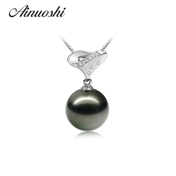

Fashion 925 Sterling Silver Lady Necklace Pendants Black Cultured Pearl Tahiti 11.5-12mm Round Pearl Pendants Jewelry