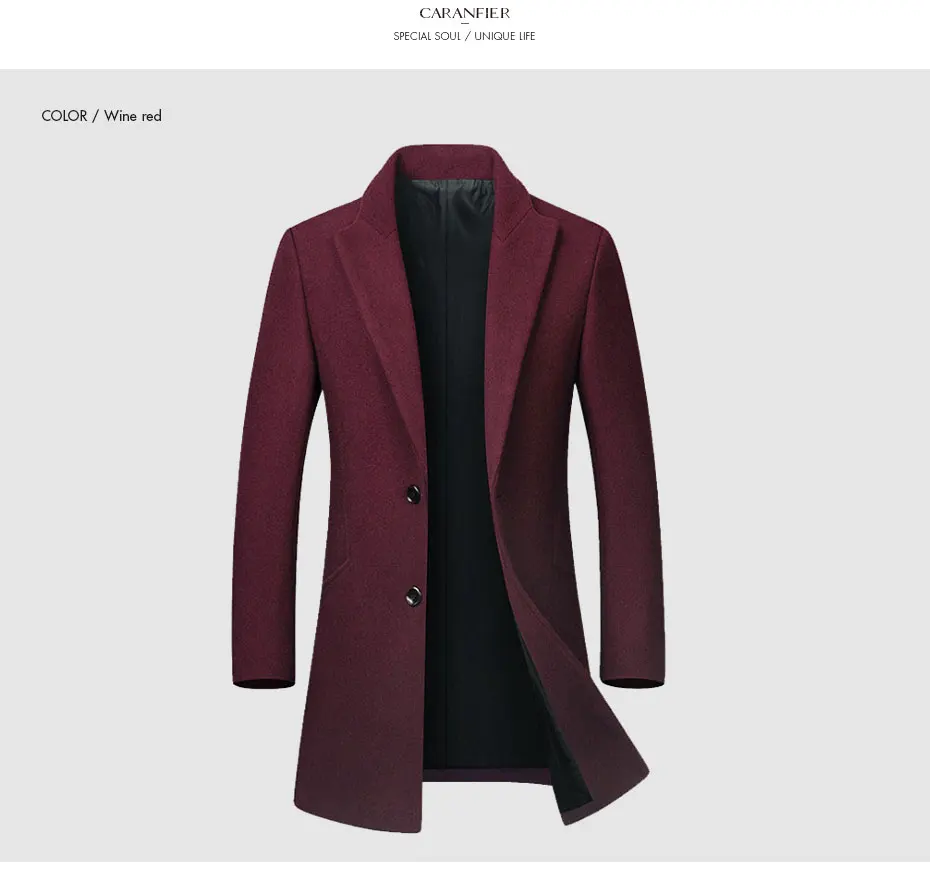 CARANFIER мужские шерстяные пальто Высокое качество осень длинный однобортный ветровка бизнес сплошной цвет Slim Fit Куртки Пальто
