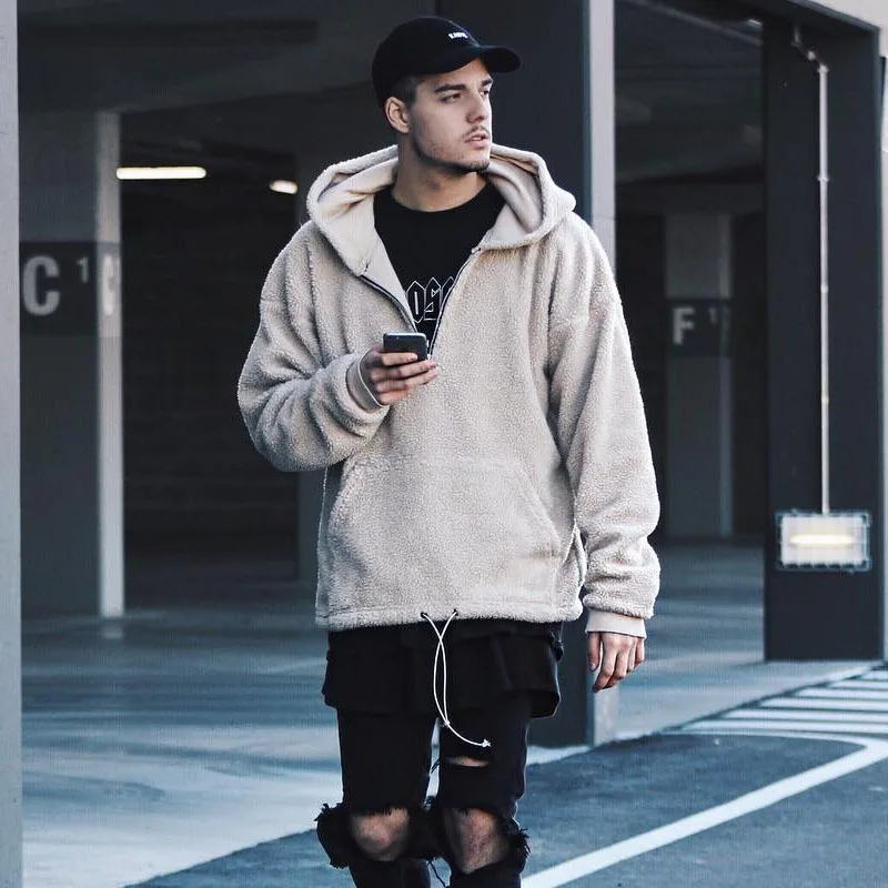Sherpa Mens Hoodies Hip Hop Half Zipper Pullover Hoodies Beige Black Winter Kanye West Streetwear Men Long Sleeve Sweatshirt