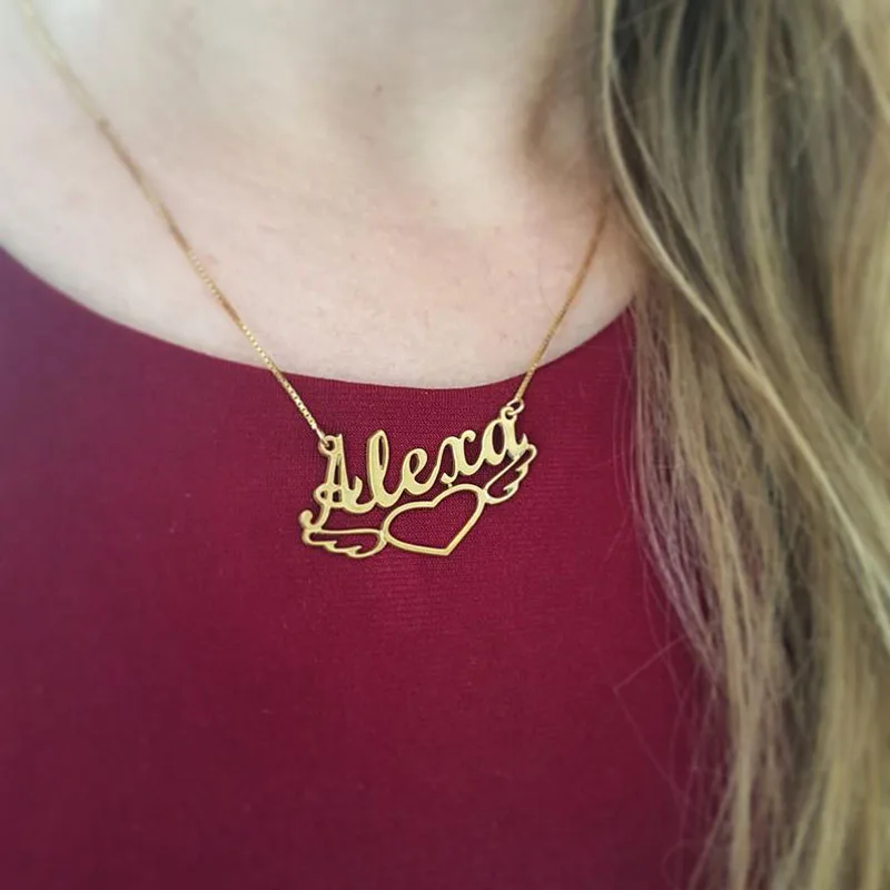 

Personalized Name Necklace With Winged Heart Charm Nameplate Jewelry Rose Gold Chain Custom Letter Necklaces Bridesmaid Gift BFF