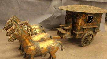 

35"Ancient Chinese Dynasty Palace Bronze Gild Four Horse Pull Emperor Statue