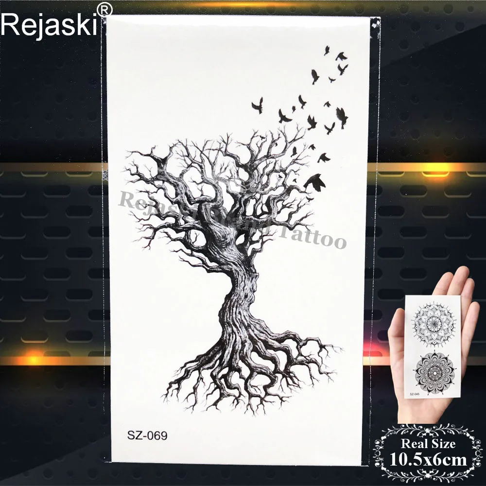 Rejaski, черное дерево с птицами, Временные татуировки, наклейки для женщин, тела, руки, Переводные татуировки, мужские руки, поддельные татуировки, наклейка