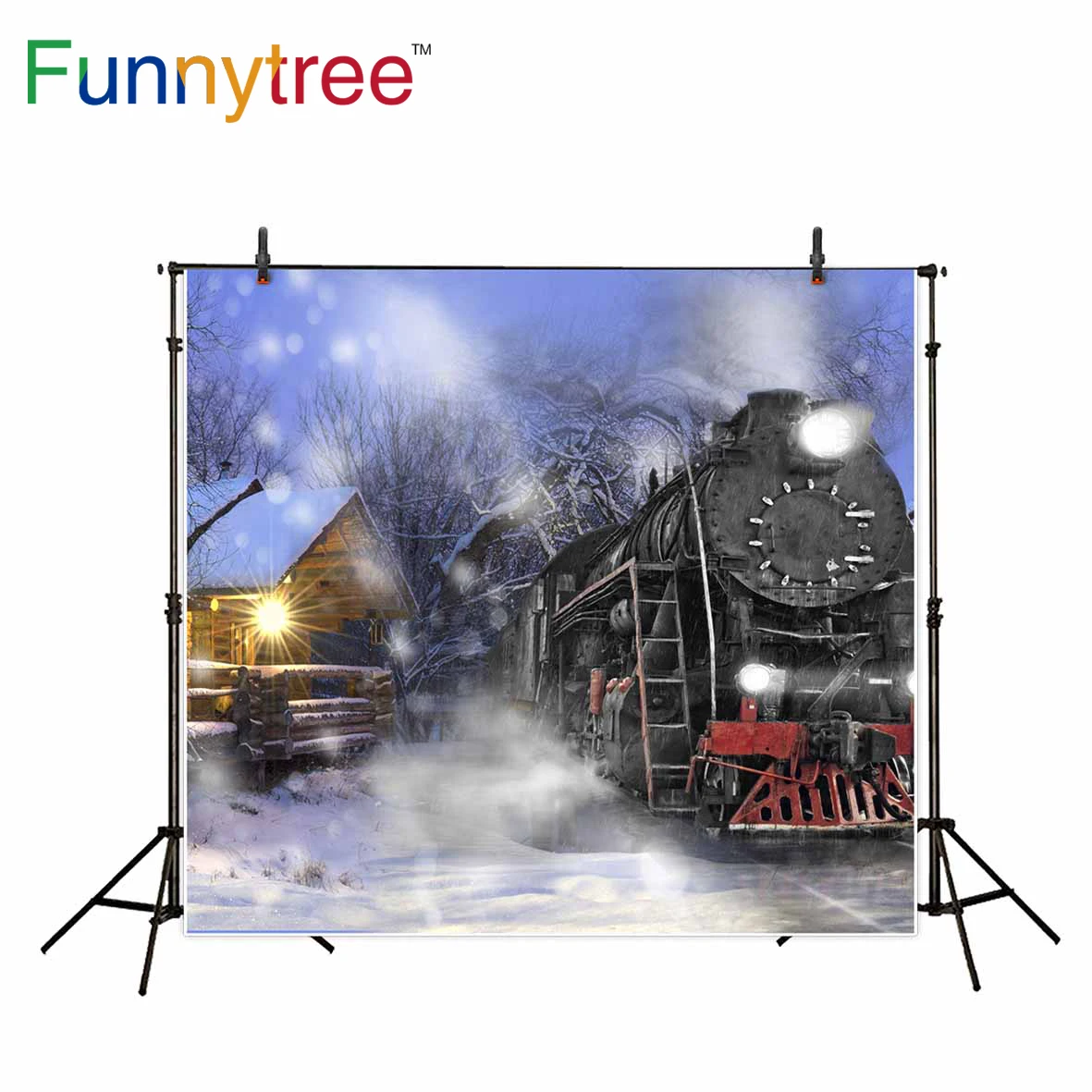 Фон Funnytree для фотостудии Рождественский поезд зимняя сельская местность боке