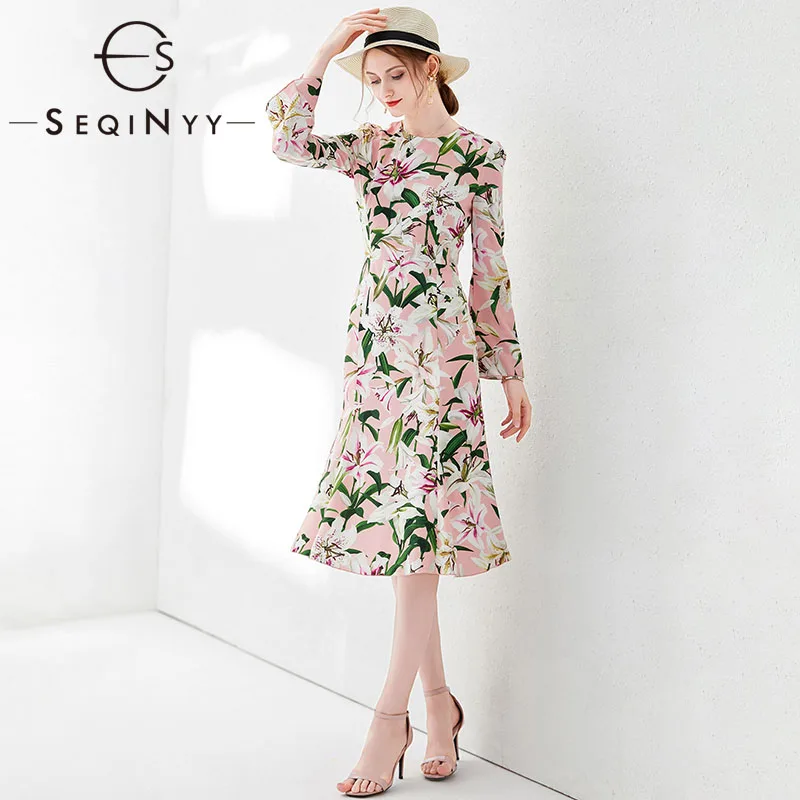 

SEQINYY Sweet Midi Dress 2020 Summer Spring New Fashion Design Flare Sleeve Romantic Lily Flowers Printed Pink Dress Women