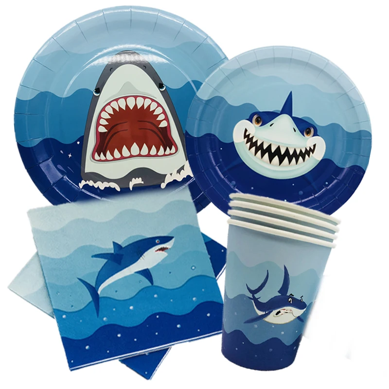 

Omilut Baby Shark Disposable Tableware Set Blue Shark Birthday Party Dispoasble Plates/Cups/Paper/Tablecloth Ocean party Decor