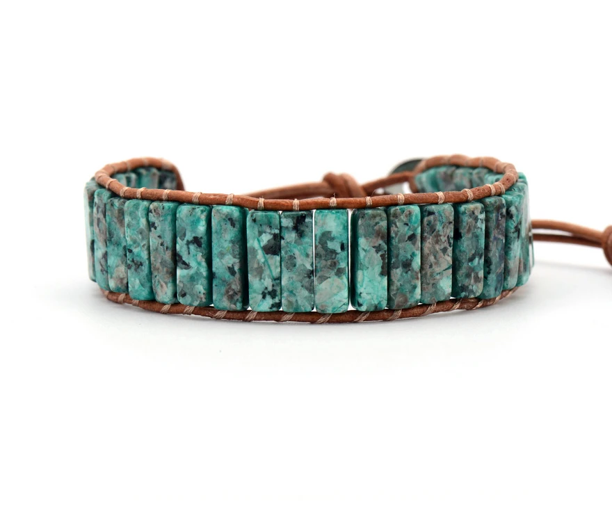 New Square Shape Natural Stones Single Leather Wrap Bracelets Wholesale