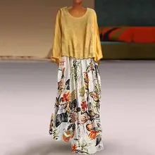 Women Long Maxi Dresses Bohemia O neck Long Sleeve Floral Print Ethnic Summer Beach Female Stylish Style Dress plus size stylish round neck sleeveless ethnic print spliced women s maxi dress