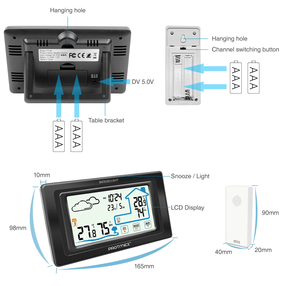 Protmex PT19A Метеостанция беспроводная домашняя уличная метеостанция с сенсорным экраном беспроводной монитор температуры и влажности