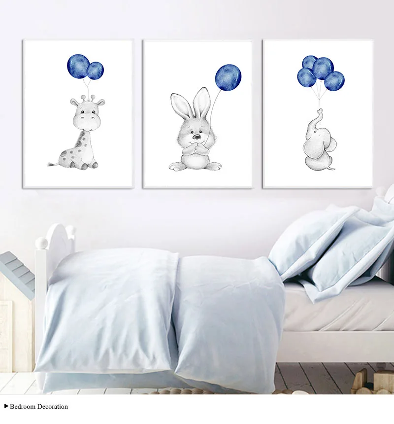 Animal Balloon Picture Baby Nursery Wall Art Canvas Child Poster Bunny Elephant Print Painting Nordic Kid Bedroom Decoration