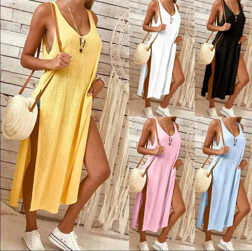 

Summer Women Sleeveless Side Split Dress Party Club Tank Tops Loose Casual Dress Kaftan Plus
