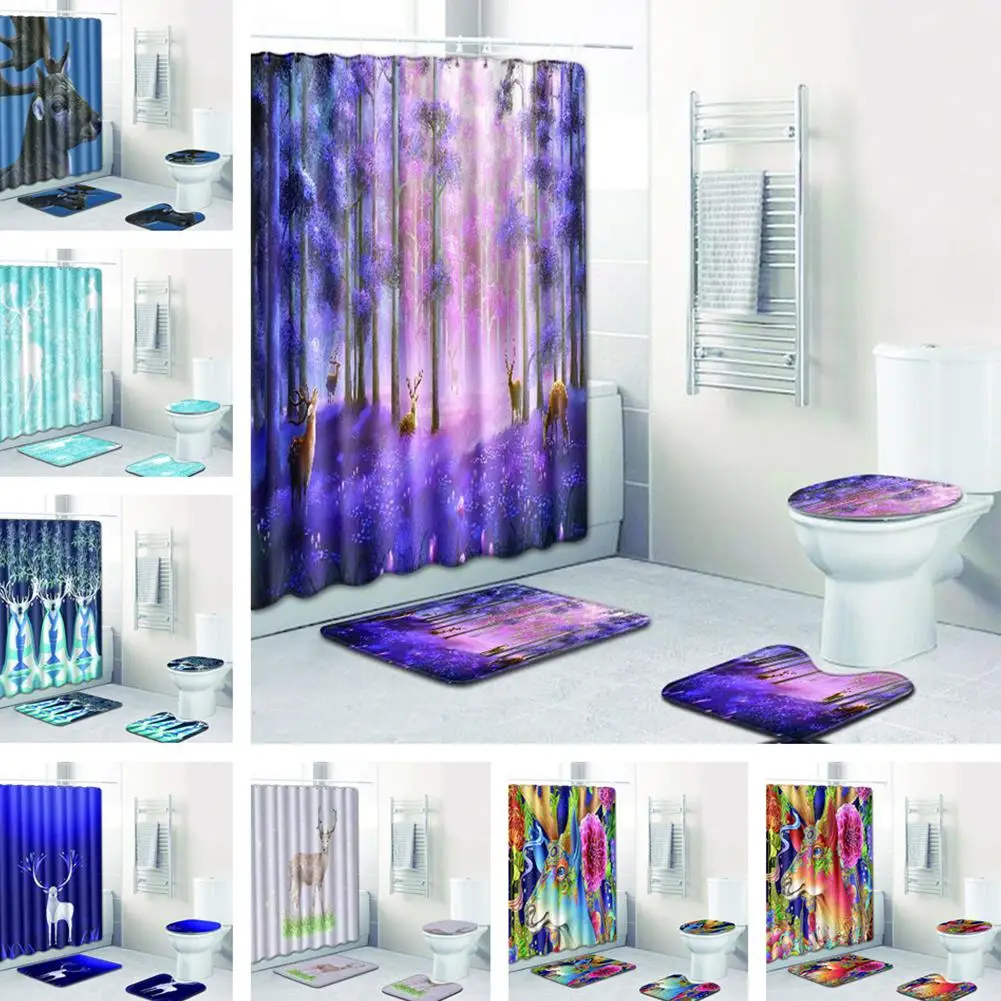4pcs / set Elk series Printed Pattern Shower Curtain Pedestal Carpet Lid Toilet Cover Mat Bath Mat Set Bathroom Curtains with 12 hooks