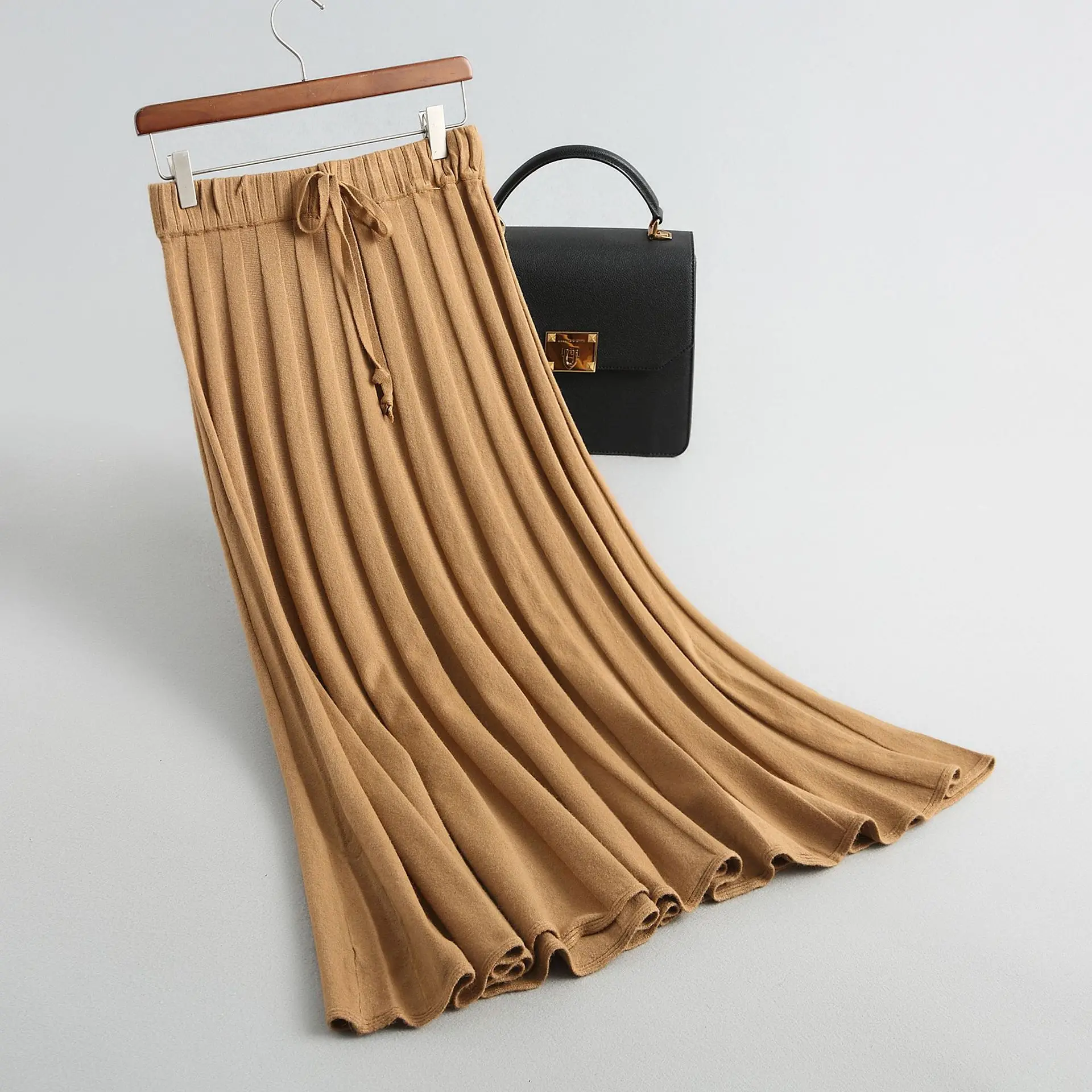 INNASOFAN Женская юбка осень-зима, вязаная плиссированная юбка с высокой талией, европейская-американская мода, элегантная юбка однотонного цвета