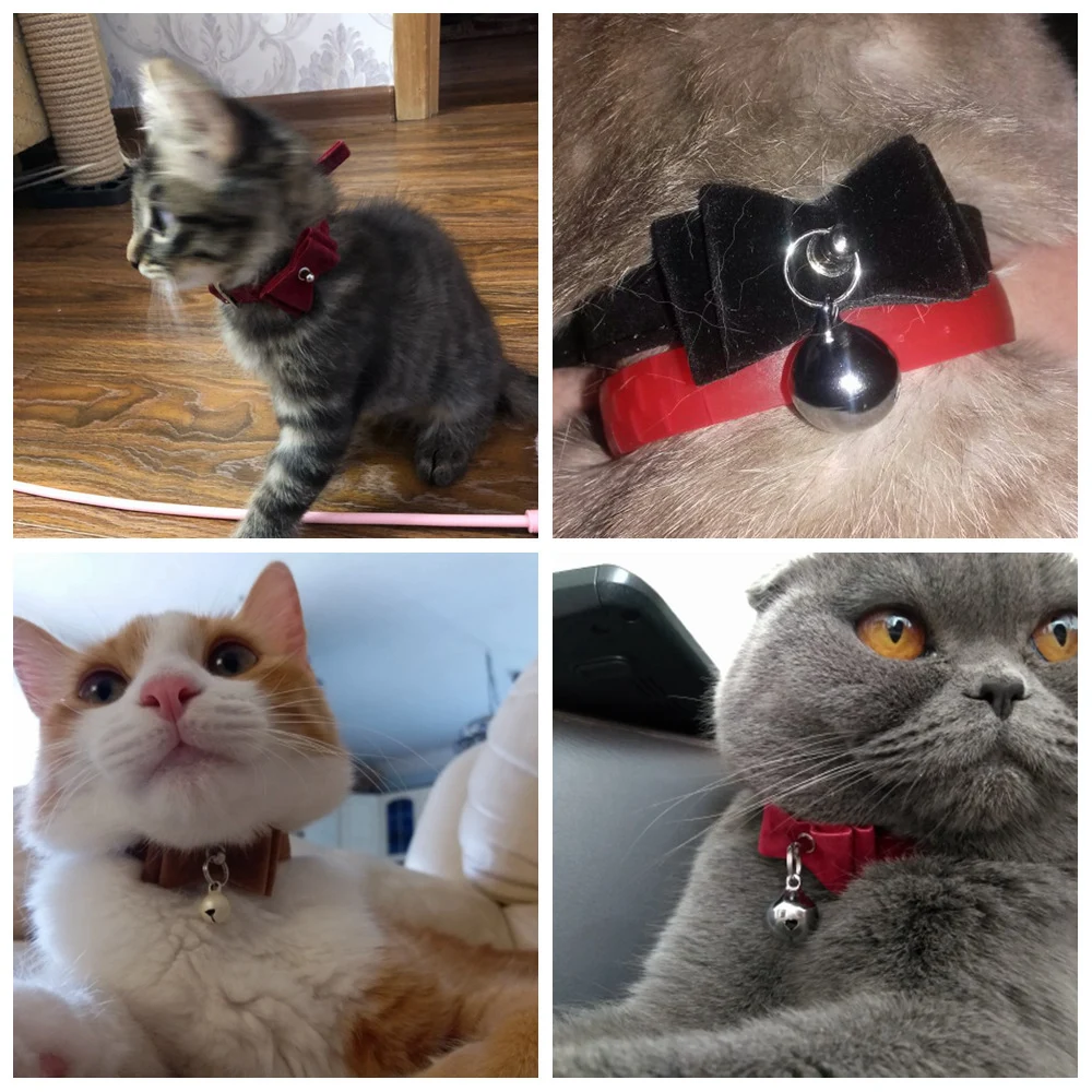 Solid Collar For Cats Necklace Kitten Velvet Cat Collars Bell Adjustable Pink Pet Products Small Collars For Dogs Ca (11)