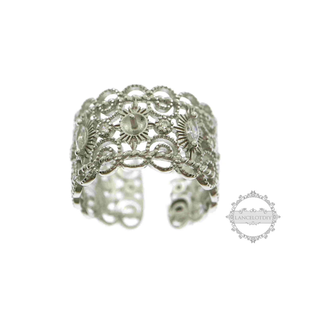 

4-9mm round half drilled beads pearl flower lace 925 sterling silver adjustable ring settings DIY supplies findings 1212041