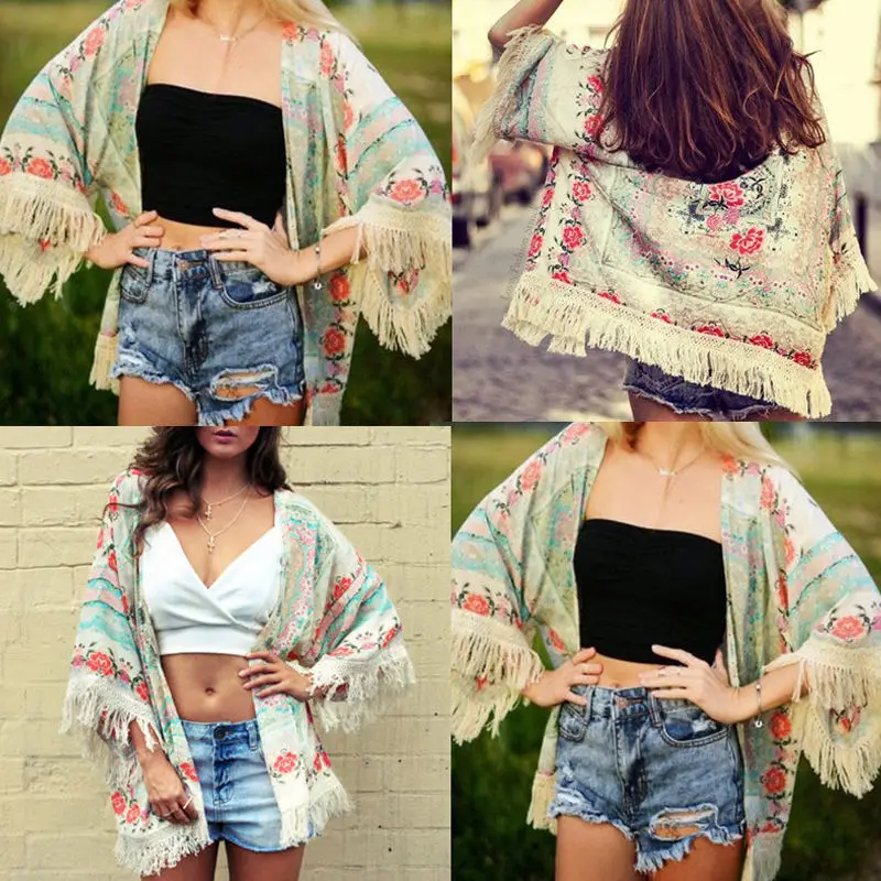 Женская накидка бикини с бахромой и цветочным принтом|summer summer|summer swimwearsummer kimono |