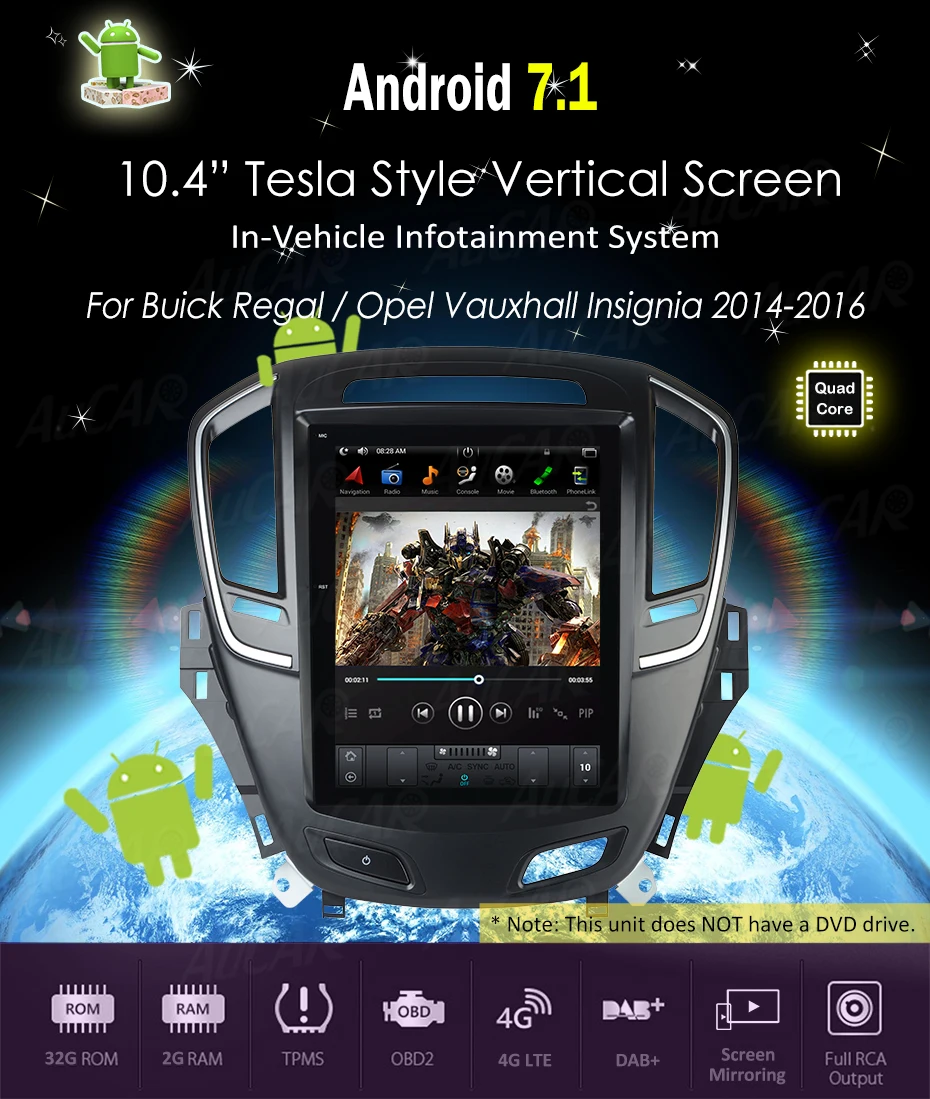 Best Android 7.1 10.4" Tesla Style for Opel Insignia Buick Regal 2014 - Car GPS Mulltimedia Bluetooth Radio WIFI 4G Vertical Stereo 6
