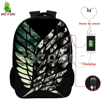 

Attack on Titan Scoutine Legion Eren Levi Backpack Headphone Jack Laptop Bags Boys Girls Schoolbags USB Charging Multifunction