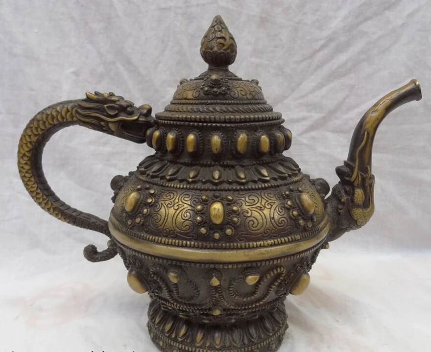 

S5123 12" Chinese Bronze Buddhism Auspicious Dragon Head Statue Tibet Teapot Wine Pot D0318