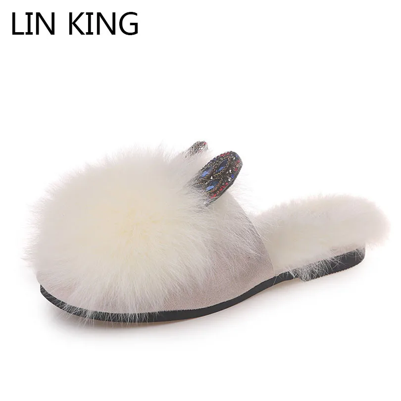 

LIN KING New Design Crystal Rabbit Ear Women Winter Slippers Warm Fur Lazy Home Indoor Shoes Anti Slip Comfortable Cotton Shoes