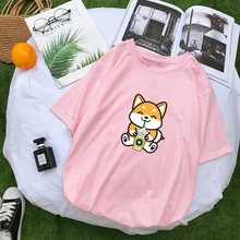 Женская футболка в стиле Харадзюку, Повседневная Kawaii, забавная футболка Шиба, хлопковые топы, футболка с коротким рукавом, женская уличная свободная Корейская одежда