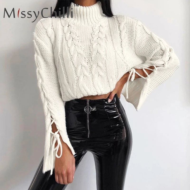 

MissyChilli White long sleeve lace up knitted autumn sweater women winter Turtleneck jumper sweater female pullover sweater 2019
