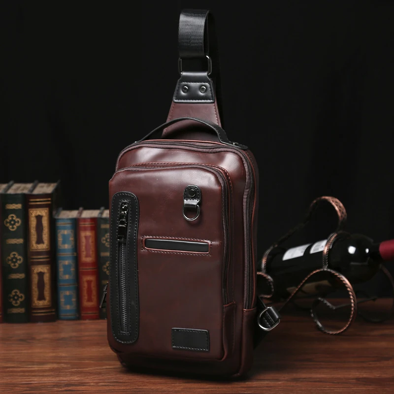 

Fashion Men's Chest Bag PU Leather With Headset Hole Casual Messenger Shoulder Crossbody Bag For Male Leather Chest Bags