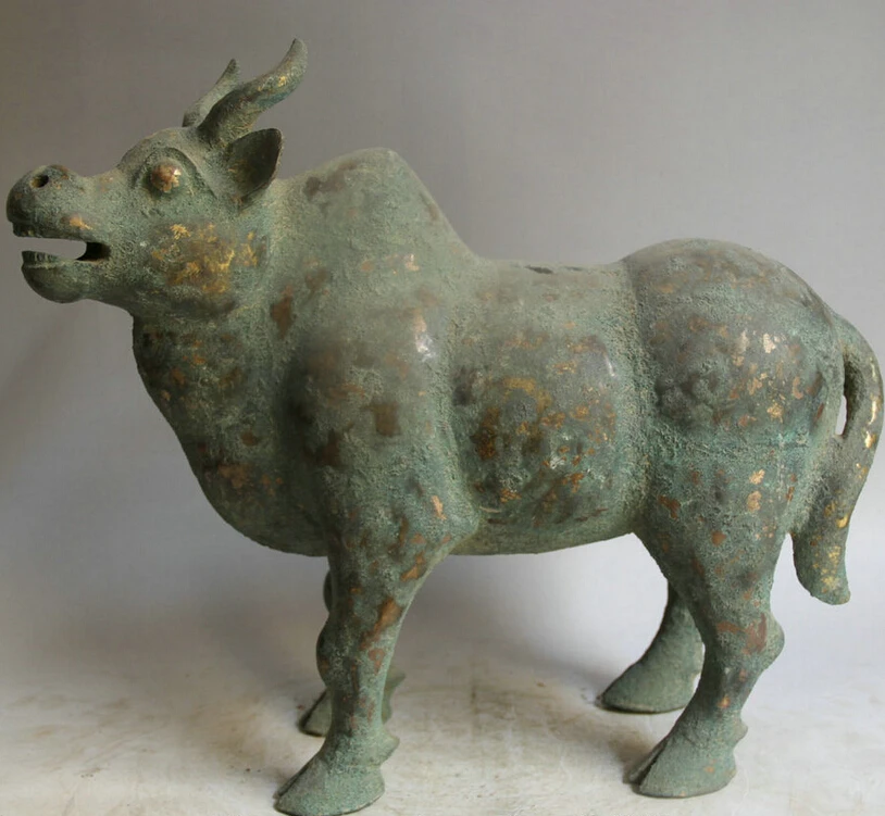 

USPS to USA S2466 17" Old Chinese Bronze Gild Folk strong Zodiac Year Bull Oxen Statue sculpture B0401