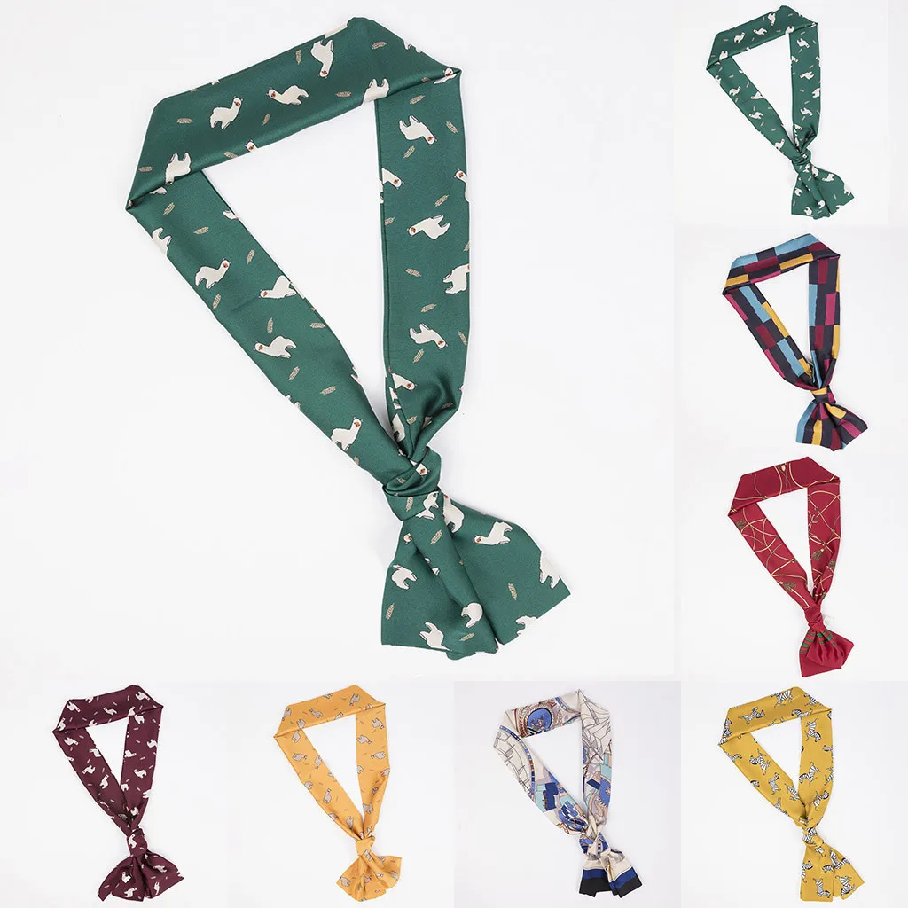 

Vintage Elegant Mujer Satin Feel Designs Silk Pattern Scarf Women Soft Square Skinny Small Head Neck Hair Tie Band