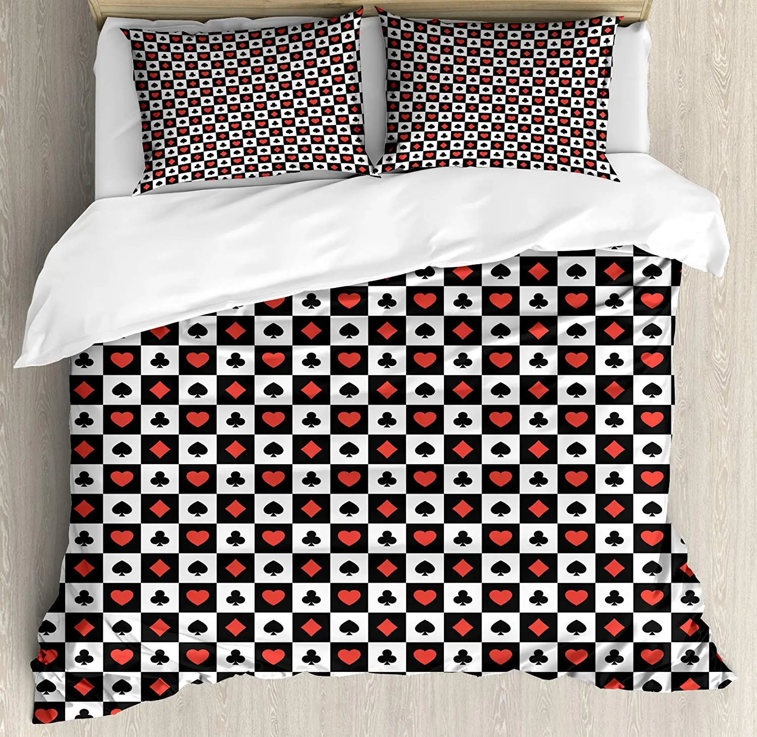 

Poker Queen Size Duvet Cover, Poker Card Suits in Checkered Squares Spades Hearts and Clubs