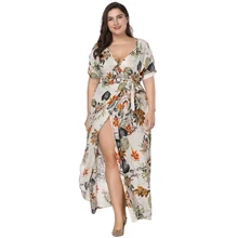 Plus Size Floral Print Boho Dress 2018 Fashion Women Summer Short Sleeve V Neck Wrap Dress Split Sexy Beach XL to 7XL Dress split sleeve plus size wrap top