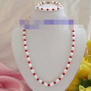 

Miss charm Jew.596 stunning 11mm white rice freshwater pearls red coral necklace&bracelet set (A0423)