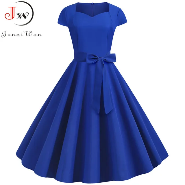 Summer Solid Yellow Color 50s 60s Vintage Dress Women Short Sleeve Square Collar Elegant Office Party Midi Dresses Belt 3