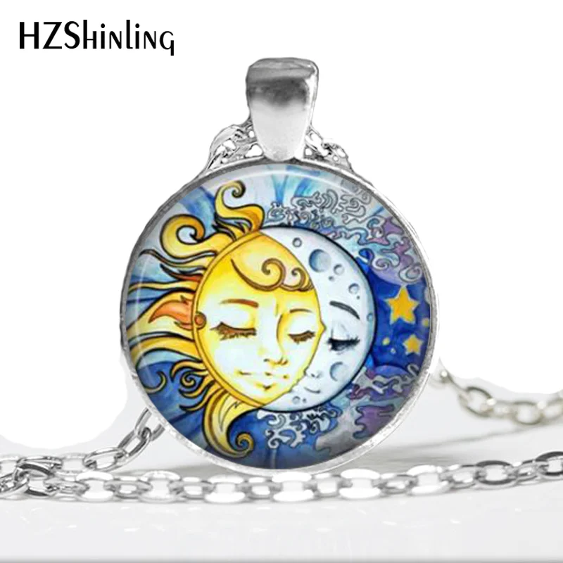 

NS-0075 New Fashion Glass Cabochon Dome Jewelry Sun And Moon Necklace Sliver Sun And Moon Pendant HZ1