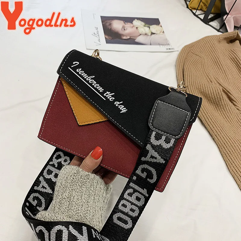 

Yogodlns Fashion Contrast Color Women Bag High Quality Matte Messenger Bag Stripe Wide Shoulder Strap Bag Lady Small Square Bag
