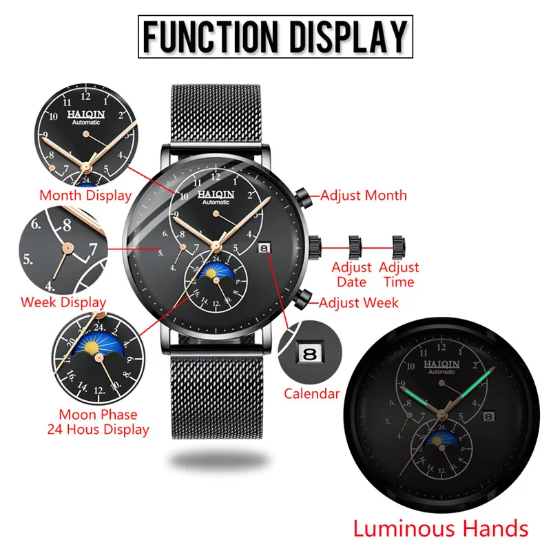 ووتش الرجال HAIQIN 2019 التلقائي الأزياء الفاخرة ساعة الرجال توربيون للماء ساعات آلية أعلى العلامة التجارية Relogio Masculino