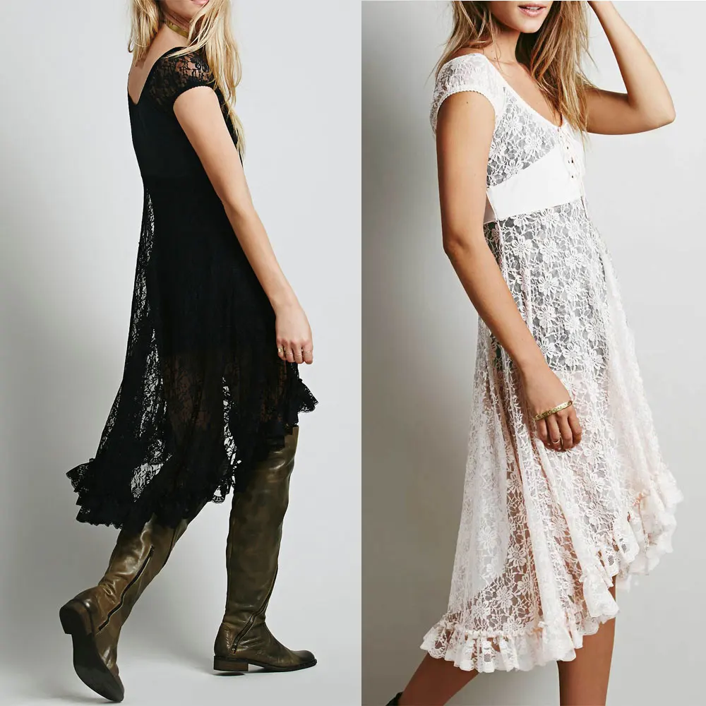 2016 pattern lace long sexy hot dress short sleeve hollow out sexy