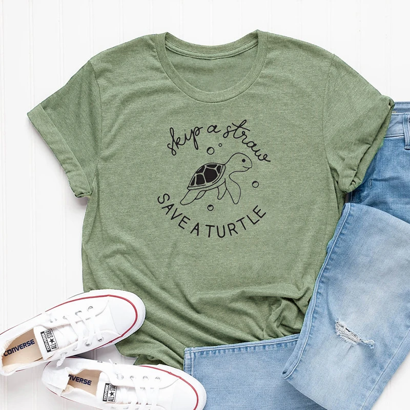 

Women Skip A Straw Save A Turtle T-shirts Casual Crewneck Graphic Tees Tops Summer Slogan Hipster Tshirt Protect Our Ocean Shirt