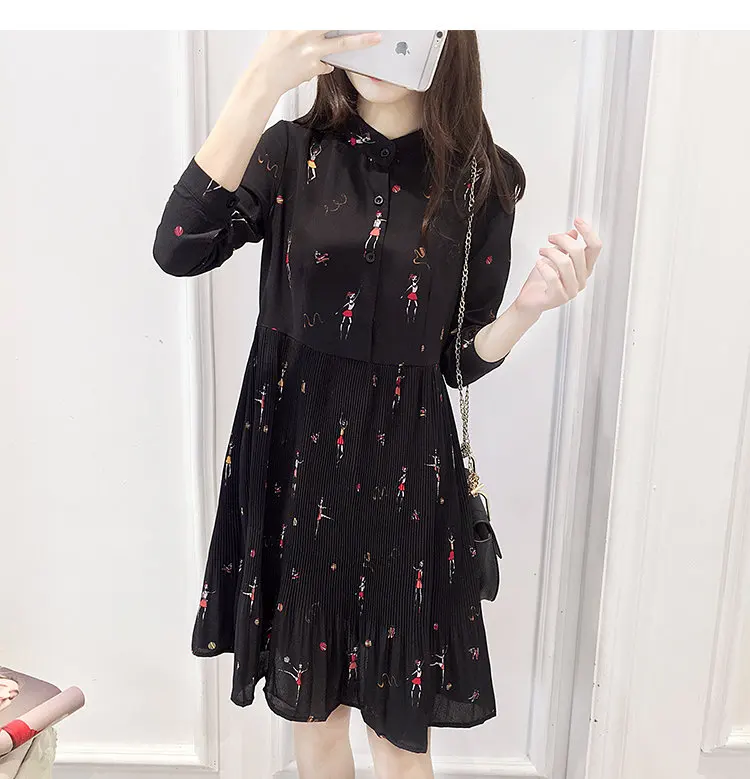 Newest Retro Shirt Dress Women 2019 Autumn Long Sleeve Women Dresses Casual Funny Print Dress Fashion O-Neck Pleated Vestidos Mujer  (1)