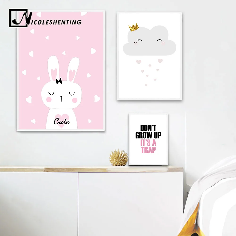 Cartoon Rabbit Smile Cloud Nursery Poster Wall Art Canvas Prints Bedroom Decor 