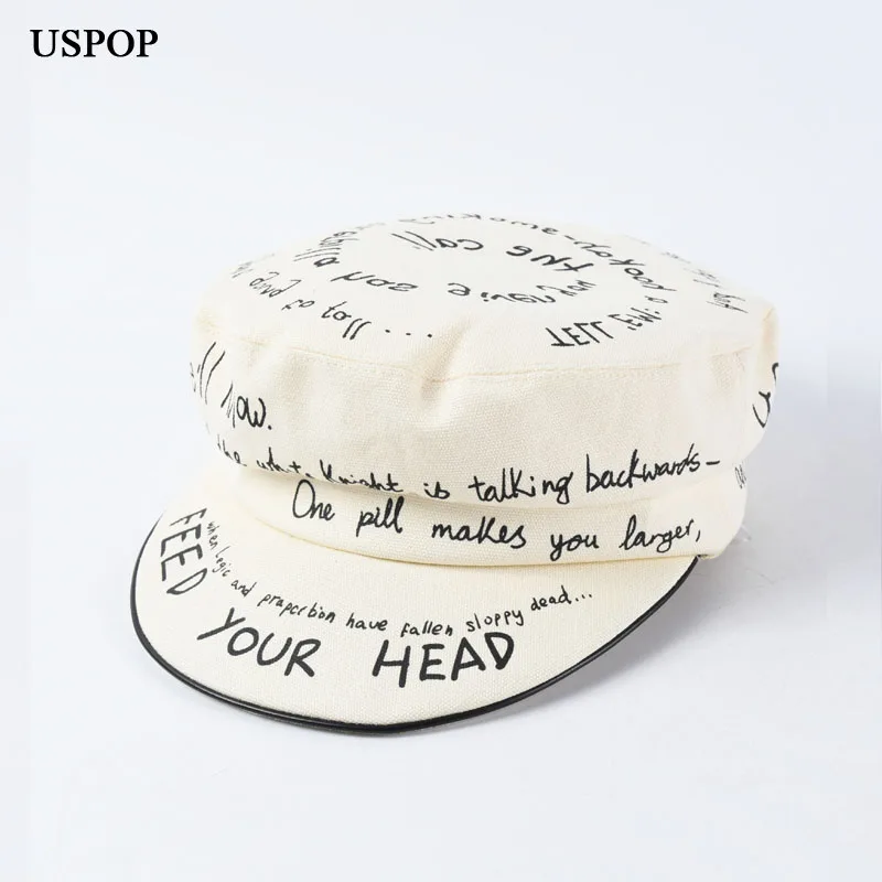 

USPOP 2019 Autumn New 100% cotton newsboy caps Letter graffiti soft brim visor cap fashion flat top military caps octagonal hats