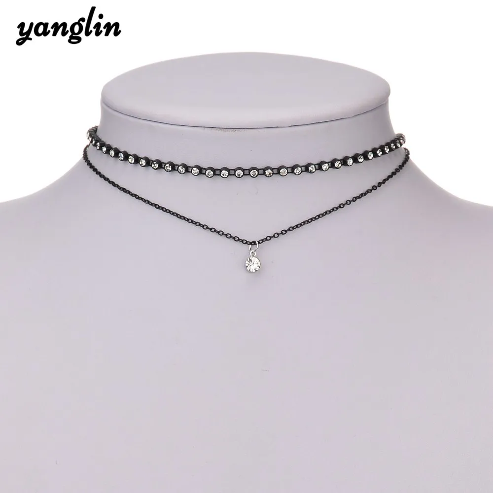 Trendy Punk Multilayer Necklace Sexy Black Plastic Rhinestone Short