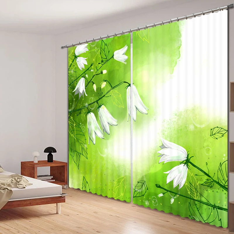 Green Trees With White Flowers Curtain Living Room Curtain Cartoon