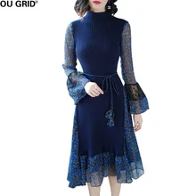 Women Chiffon Dress 2018 Spring Flora Print Knitted Patch Work Flare Sleeve Dark Blue Elagant Slim