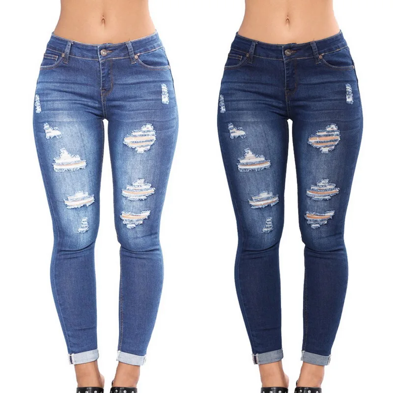 

CALOFE 2019 New Arrival Womens High Waist Casual Denim Pockets Button Ripped Zipper Jeans Cotton Fly Skinny Pencil Full Jeans