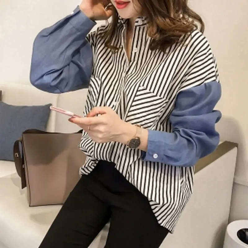 

2019 New Fashion Striped Patchwork Women Blouse Lace Up Spring Casual Loose Shirts Vintage Shirt Female Blusas Plus Size 4XL