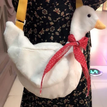 

3D simulation animal creative girl shoulder bag, white duck plush messenger bag, sweet and lovely Japanese cartoon lady bag.