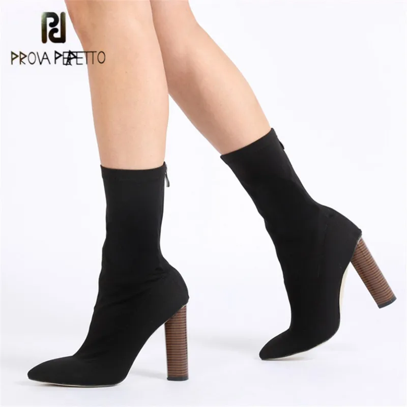 

Prova Perfetto Stretch Fabric Women Ankle Boots 11CM Chunky High Heel Elastic Sock Boot Pointed Toe Female Back Zip High Heels