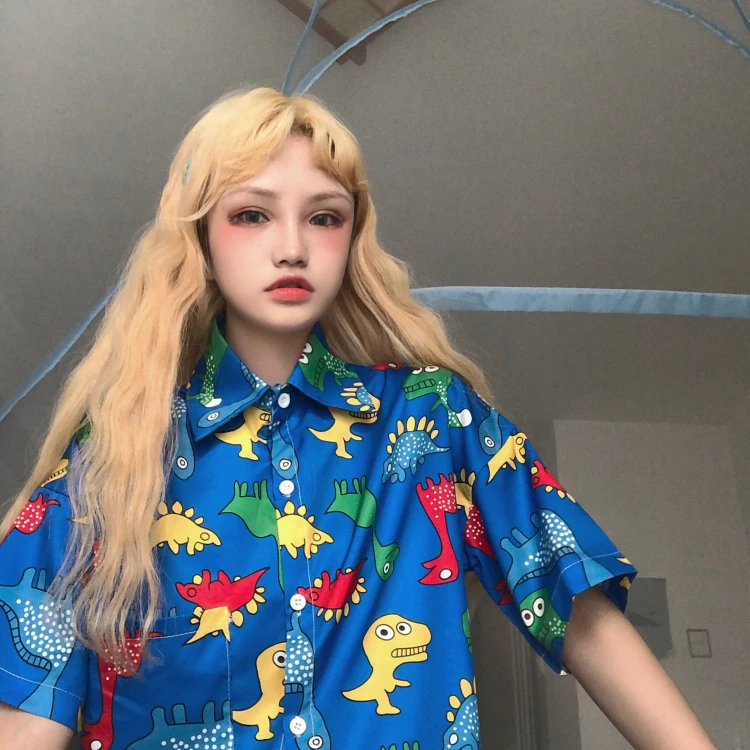 Neploe корейский Harajuku женские рубашки динозавр печатных короткий рукав блузка 2019